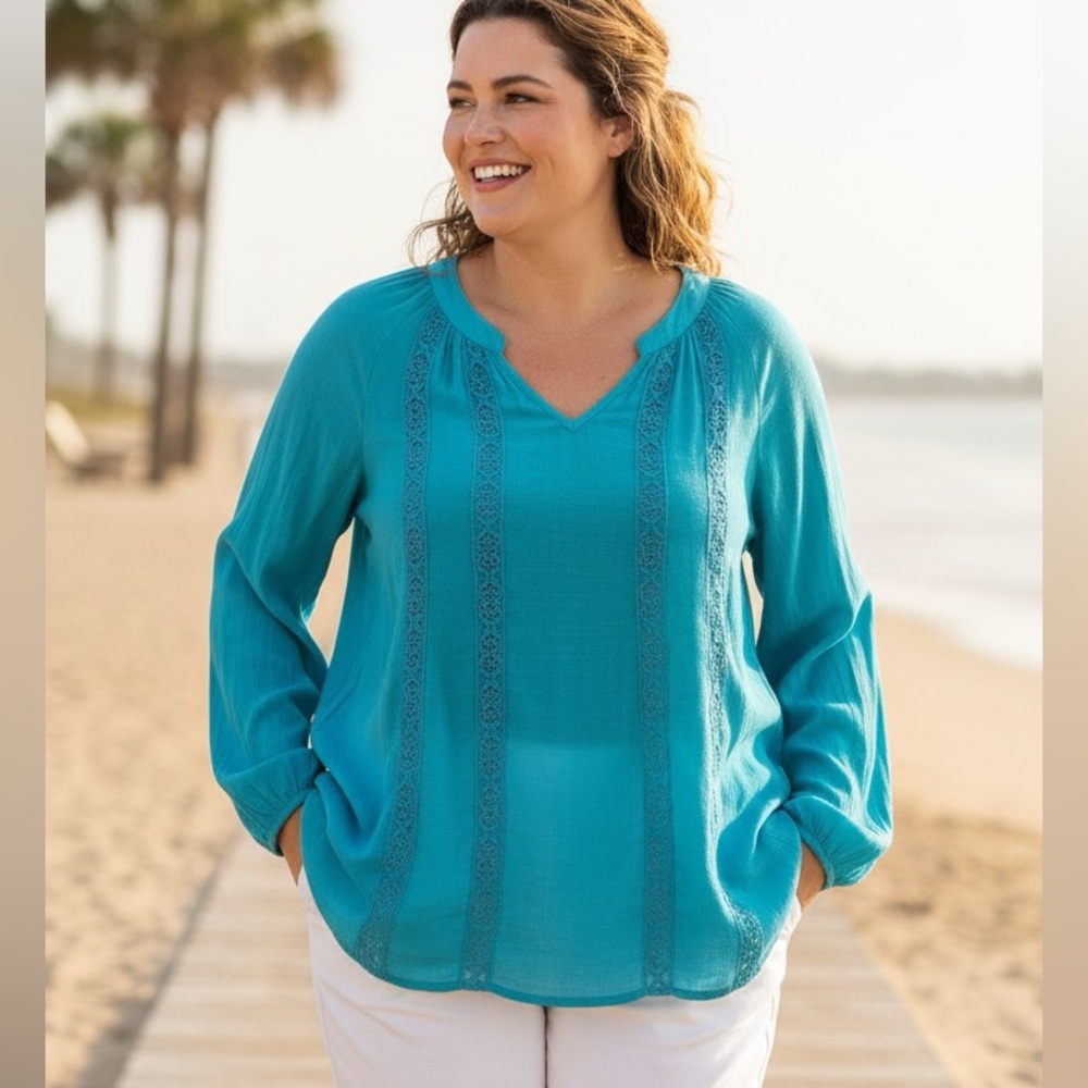 Per Se Women's Beachy Lightweight Blouse Turquoise Size 1X Long Sleeve